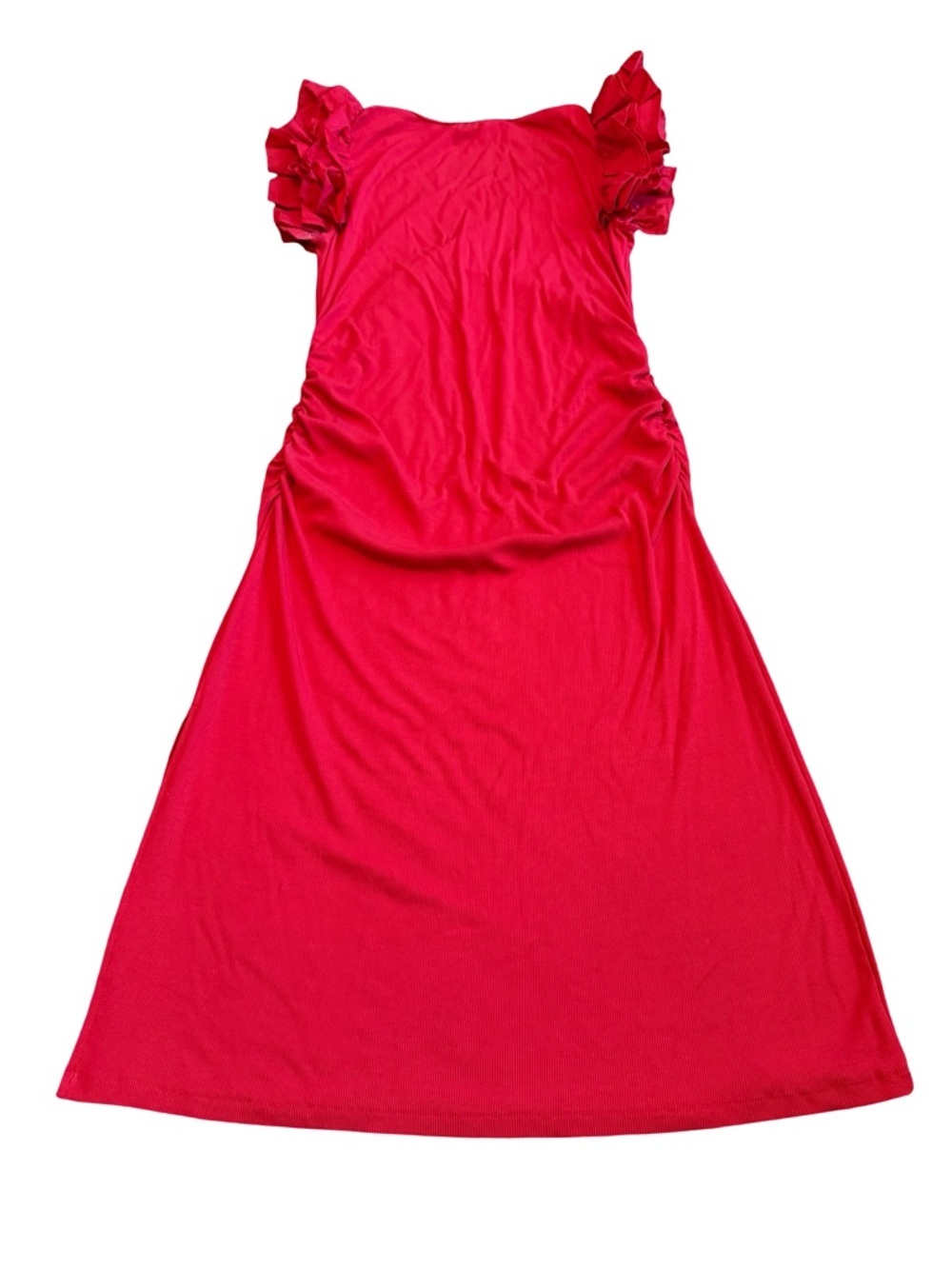 Boston Proper Ruffle Knit Rib Ruched Dress Bold Red Stretch Fitted Size Large - Picture 8 of 12